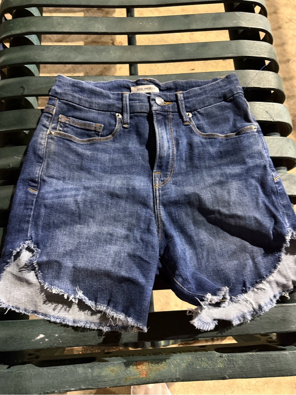 Good American Dark Blue High-Rise Distressed Denim Shorts